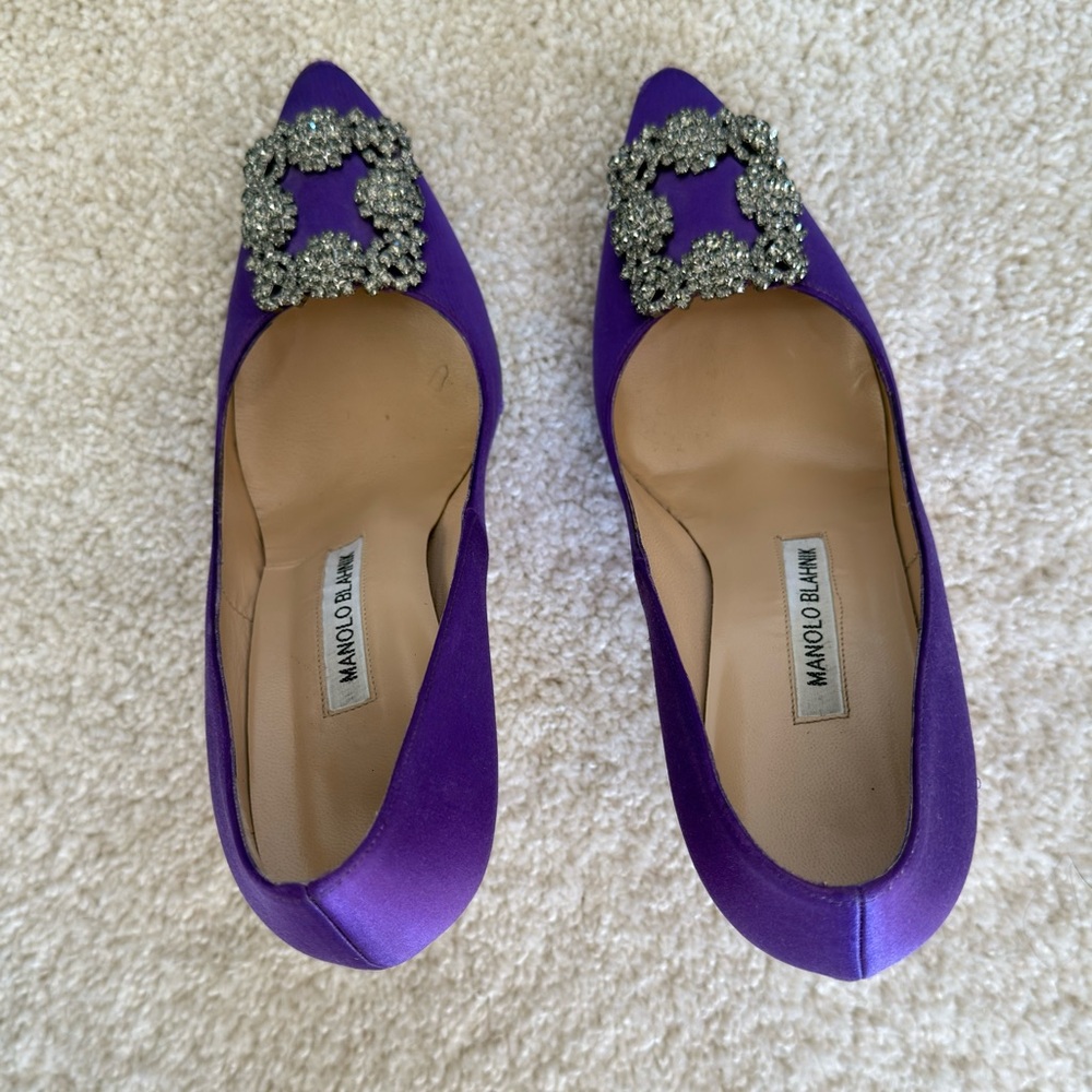 Manolo Blahnik Violet Satin Pumps with Crystal Buckle